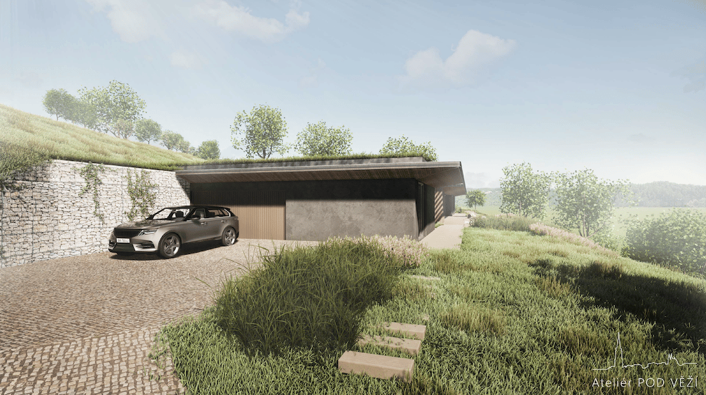 3D náhled projektu - garáž, pokoj pro hosty a pracovna