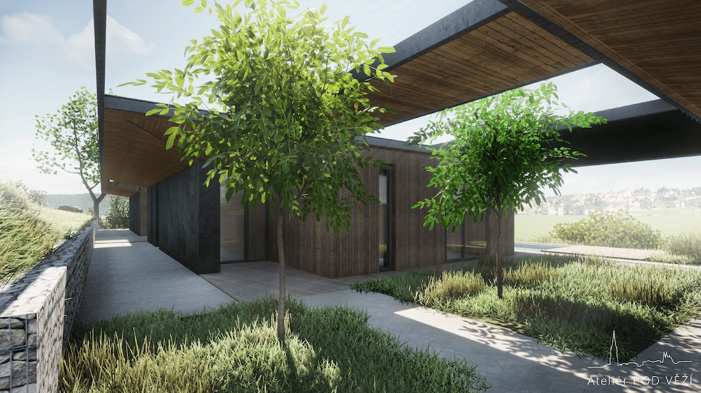 3D náhled projektu - bionická střecha mezi objekty