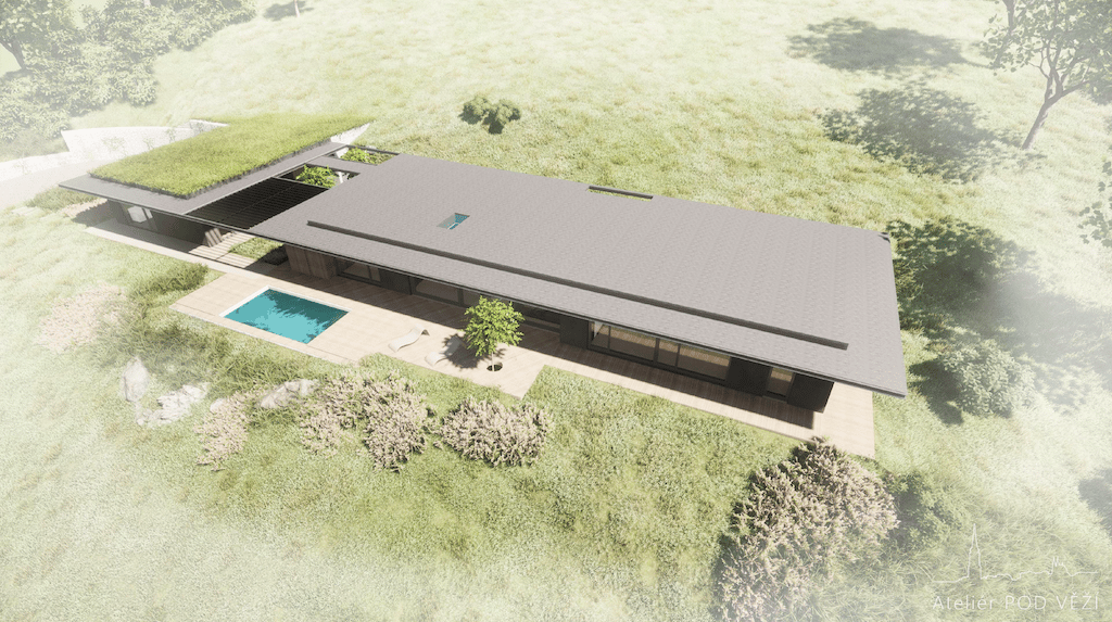 3D náhled projektu - zelená střecha a soulad s přírodou