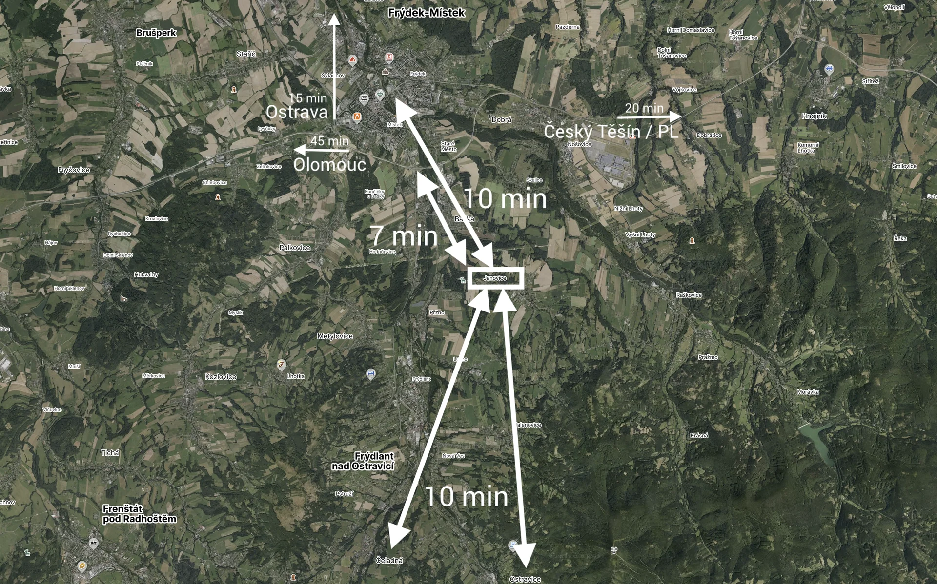 Vidíkov's location in the heart of the Beskydy and travel times to key destinations.